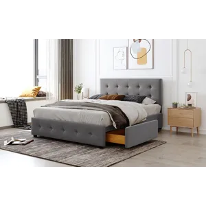 Queen Size Upholstered Platform Bed With Classic Headboard And 4 Drawers, No Box Spring Needed - Lig