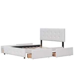 Queen Size Upholstered Platform Bed With Classic Headboard And 4 Drawers, No Box Spring Needed - Whi