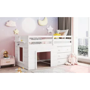 Twin Size Loft Bed With Cabinet And Shelf - White