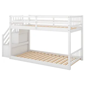 Twin Over Twin Floor Bunk Bed, Ladder With Storage - White