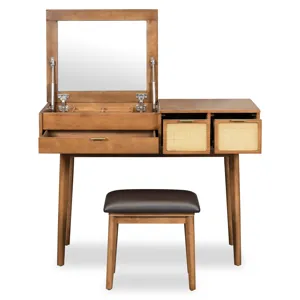 Classic Wood Makeup Vanity Set With Flip-Top Mirror And Stool, Dressing Table With Three Drawers And