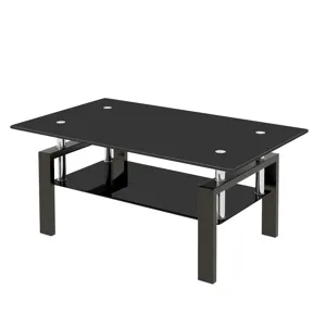 Tempered Black Glass Coffee Table, 2-Layers Tea Table - Black