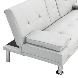 Sofa Bed With Armrest Two Holders Wood Frame, Stainless Leg, Futon - White