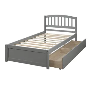 Twin Platform Storage Bed Wood Bed Frame With Two Drawers And Headboard - Gray