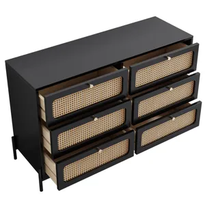 Modern Cannage Rattan Wood Closet 6 Drawer Dresser Wood Storage Cabinet Sideboard For Bedroom, Livin