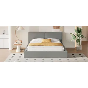 Queen Size Upholstered Platform Bed With , Grounded Bed With Solid Frame - Gray