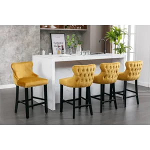 Contemporary Velvet Upholstered Wing-Back Barstools With Button Tufted Decoration And Wooden Legs, A