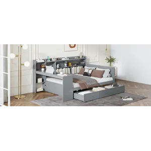 Full Size Wooden Daybed With 3 Drawers, USB Ports And Desk - Gray