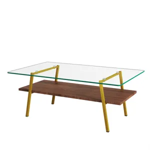 Rectangle Coffee Table, Tempered Glass Tabletop With Gold Metal Legs, Modern Table For Living Room, 