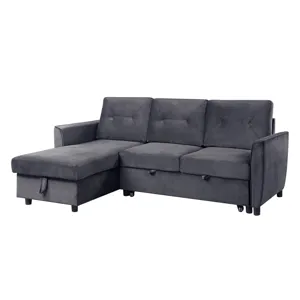 Hudson - Velvet Reversible Sleeper Sectional Sofa With Storage Chaise - Dark Gray