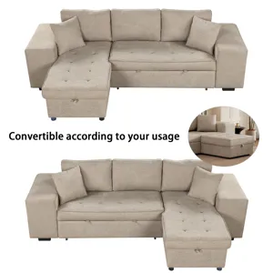 Modern L-Shape 3 Seat Reversible Sectional Couch, Pull Out Sleeper Sofa With Storage Chaise And 2 St