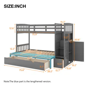 Twin Over Full / Twin Bunk Bed, Convertible Bottom Bed, Storage Shelves And Drawers - Gray