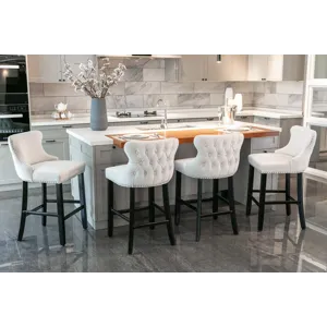 Contemporary Velvet Upholstered Wing-Back Barstools With Button Tufted Decoration And Wooden Legs, A