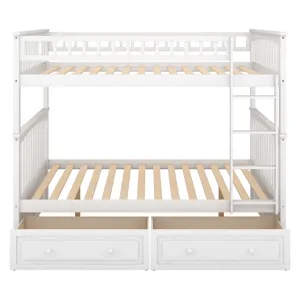 Full Over Full Bunk Bed With Drawers, Convertible Beds - White