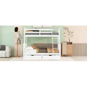 Twin Over Full Bunk Bed With Ladders And Two Storage Drawers - White