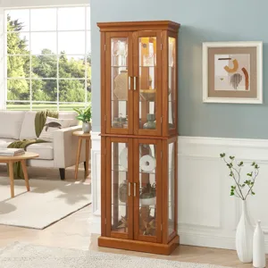 Curio Cabinet Lighted Curio Diapaly Cabinet With Adjustable Shelves And Mirrored Back Panel, Tempere