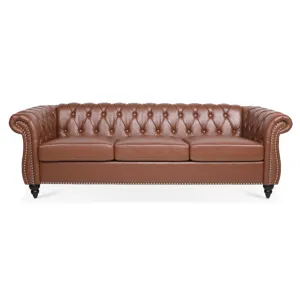 Rolled Arm Chesterfield Three Seater Sofa - Brown