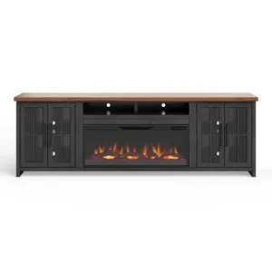 Bridgevine Home - Essex 97\" Fireplace TV Stand Console - Black and Whiskey Finish