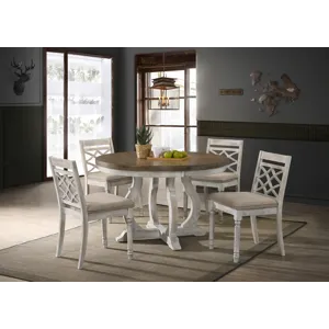Havanna - 5 Piece Wide Contemporary Round Dining Table With Off White Fabric Chairs (Set of 5) - Vintage Walnut