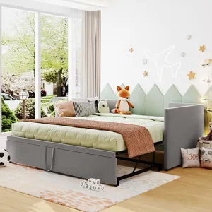 Twin Size Upholstered Daybed With Pop Up Trundle - Gray