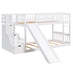 Stairway Twin Over Twin Bunk Bed With Two Drawers And Slide - White