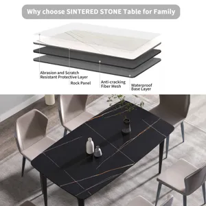 63\" Artificial Stone Black Curved Black Metal Leg Dining Table, 6 People - Black