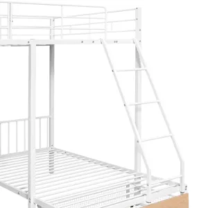 Full Over Twin & Twin Bunk Bed, Metal Triple Bunk Bed With Drawers And Guardrails - White