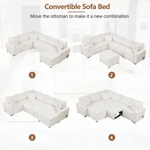 Sectional Sofa Pull-Out Sofa Bed Sleeper With A Storage Ottoman, Three Pillows And Charging Devices 
