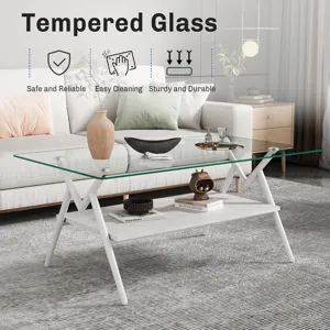 Rectangle Coffee Table With Tempered Glass Top And Metal Legs, Modern Table For Living Room - Transp