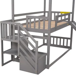 Twin Over Twin House Bunk Bed With Convertible Slide, Storage Staircase Can Be Placed Left Or Right 