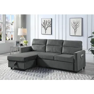 Ivy - Velvet Reversible Sleeper Sectional Sofa With Storage Chaise And Side Pocket - Dark Gray