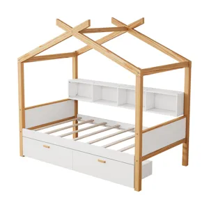 Twin Size Wooden House Bed Original Wood Colored Frame With Two Drawers And Bookshelf Storage Space 