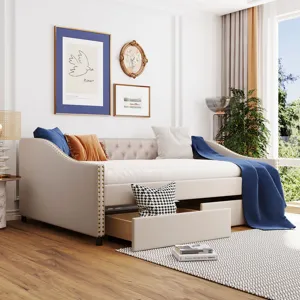 Full Size Upholstered Daybed With Two Drawers, Wood Slat Support - Beige