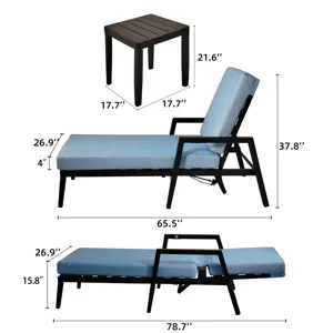 3 Piece Outdoor Patio Chaise Lounge Set, 2 Chaise & 1 End Table With Modern Tapered Feet, Pneumatic 