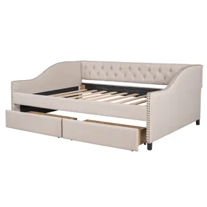 Full Size Upholstered Daybed With Two Drawers, Wood Slat Support - Beige