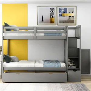 Twin Over Full / Twin Bunk Bed, Convertible Bottom Bed, Storage Shelves And Drawers - Gray