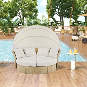 Outdoor Patio Daybed Wicker Rattan Double Daybed Round Sofa Furniture Set With Retractable Canopy, 4