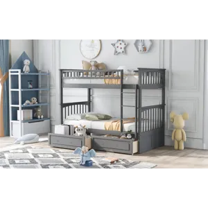 Twin Over Twin Bunk Bed With Drawers, Convertible Beds - Gray