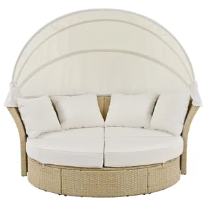Outdoor Patio Daybed Wicker Rattan Double Daybed Round Sofa Furniture Set With Retractable Canopy, 4
