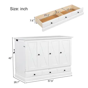 Full Solid Pine Murphy Bed Chest Cube Cabinet Bed With Charging Station And Large Storage Drawer For