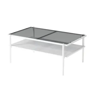 Rectangle Coffee Table With Tempered Glass Top And White Legs, Modern Table For Living Room - Gray