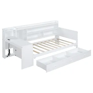 Twin Size Wooden Daybed With 3 Drawers, USB Ports And Desk - White