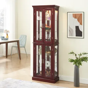 Curio Cabinet Lighted Curio Diapaly Cabinet With Adjustable Shelves And Mirrored Back Panel, Tempere