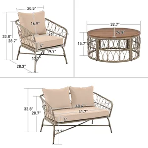 Bohemia-Inspired 4 Person Outdoor Seating Group With Removable Cushions, Conversation Patio Set With