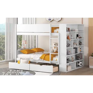 Full Over Full Bunk Bed With 2 Drawers And Multi - Layer Cabinet - White