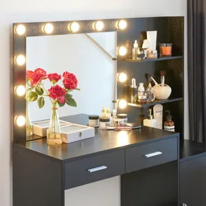 Vanity Desk With Mirror And Lights, 46.4In Dressing Table With 2 Large Drawer & Large Vertical Organ