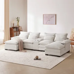 Modern U Shaped Sofa With Console, Cupholders And USB Ports, 6 Seat Upholstered Symmetrical Indoor F