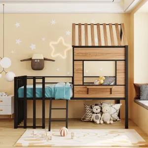 Twin Size Loft Bed With Roof, Window, Guardrail, Ladder Black