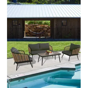 4 Pieces Patio Furniture Set, PE Rattan Wicker With Washable Cushion And Tempered Glass Tabletop, Co