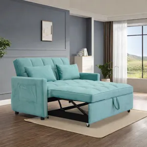 Velvet Two Seater Pull Out Sofa Bed, Adjustable Backrest With Three USB Ports, Two Side Pockets, 3 I